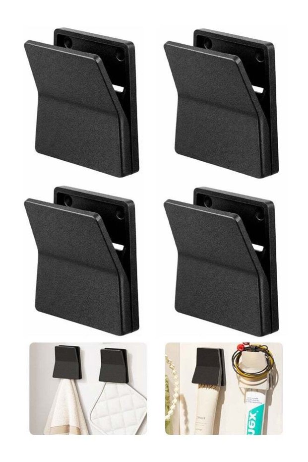 4 PCS Black Self Adhesive Wall Clips No Drilling Adjustable Tapestry Towel Holder for Bathroom Kitc