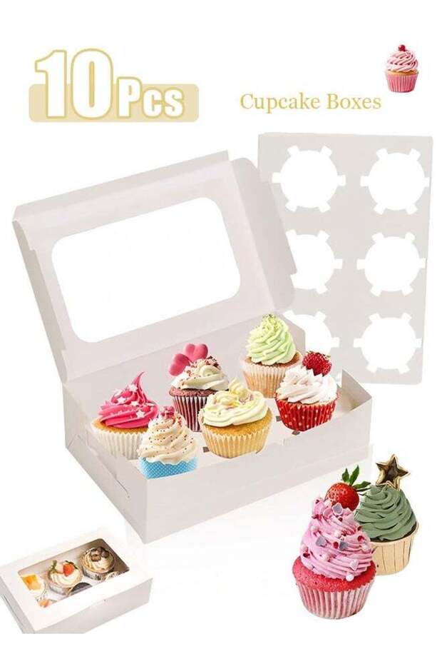 10 pcs Small cake box, this is a 6-piece small cake box, made of white material, equipped with a tr