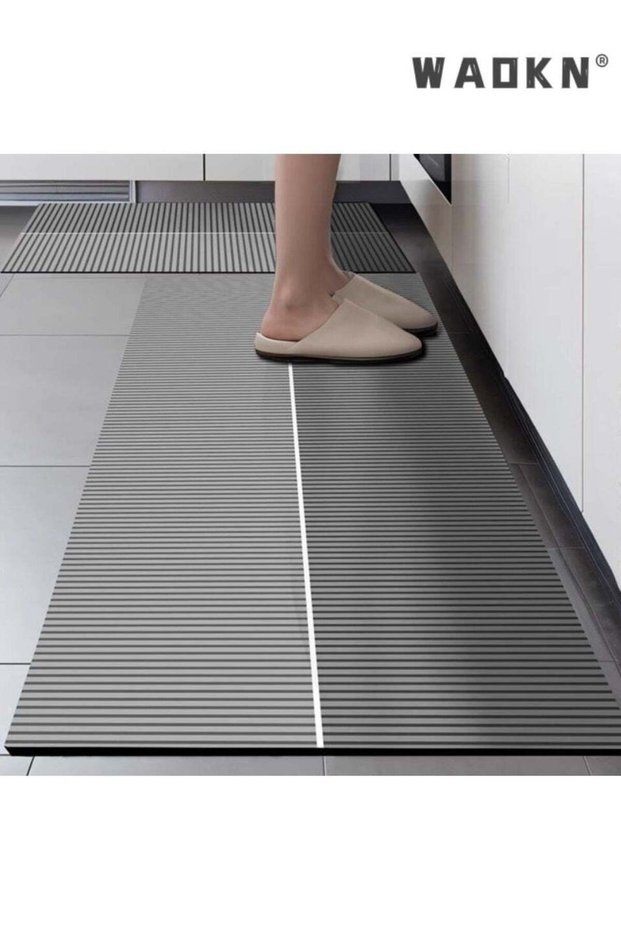 Diatom Mud Bath Mat 2-Piece Set Grey Stripe, Extra Soft & Highly Absorbent, Non-Slip Quick-Drying F
