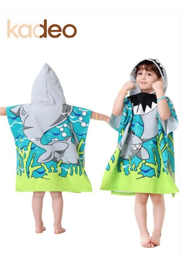 Wearable Hooded Towel for Kids, Toddlers Bath Pool Beach Swim Poncho Cover-ups, Shark Theme Pool Ho