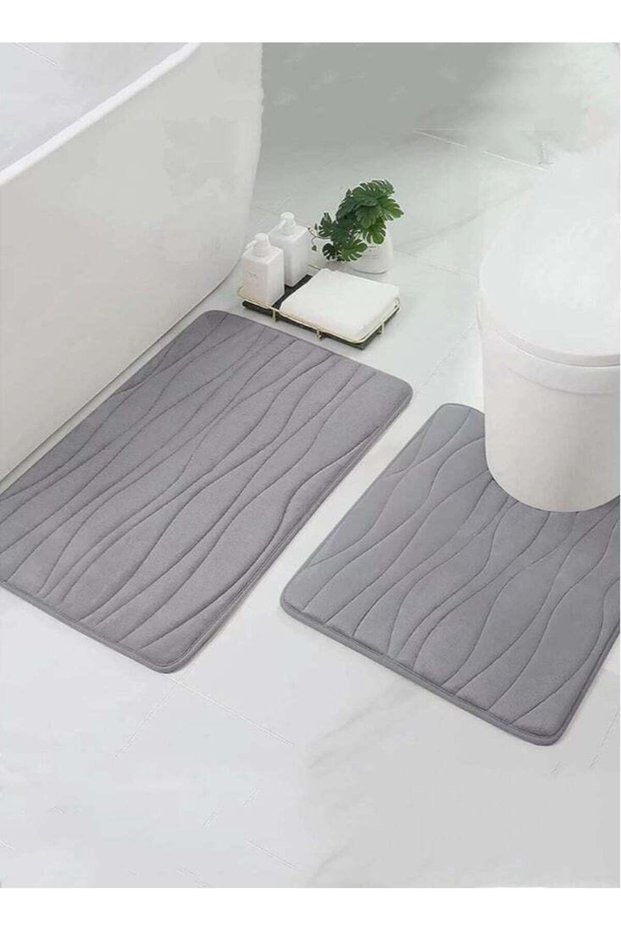 2-Pieces Bathroom Absorbent Non-Slip Rugs Set Toilet Floor Mat Polyester Fiber Grey 60x40 and 50x40