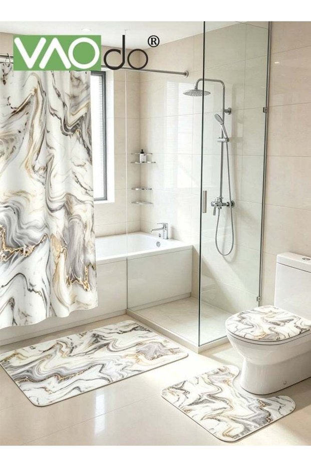 4PCS Waterproof Shower Curtain Set, Polyester Marble Pattern Thickened Shower Curtain Set, Includes