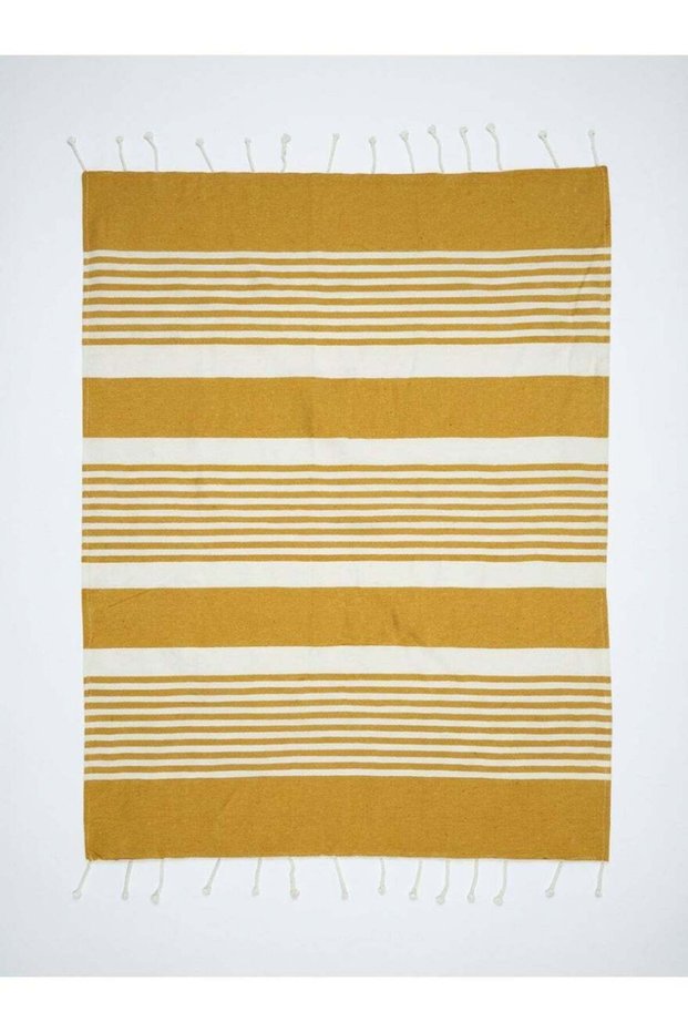 90x180 cm Polycotton Yellow Striped Turkish Fouta Towel and Multipurpose Picnic Blanket for Beach B