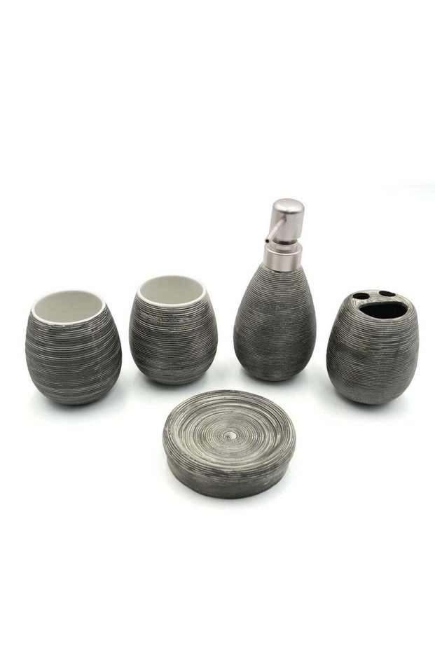 Beram Bathroom Accessory Stripes Set 5 Piece Ceramic Natural Textured Design with Soap Dispenser T