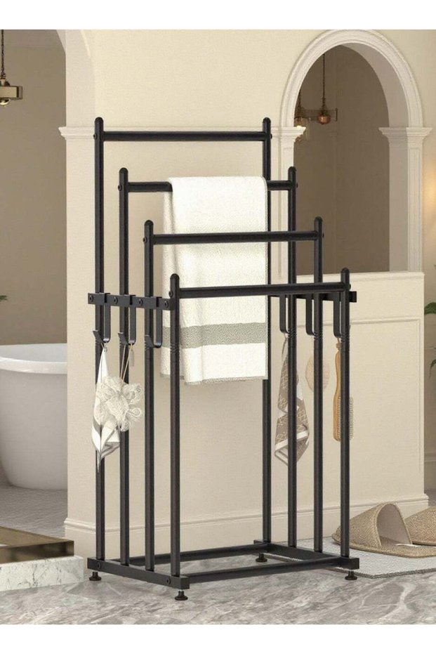 Towel Racks For Bathroom, 4 Tier Free Standing Towel Rack With 6 Hooks Attached, Blanket Drying And