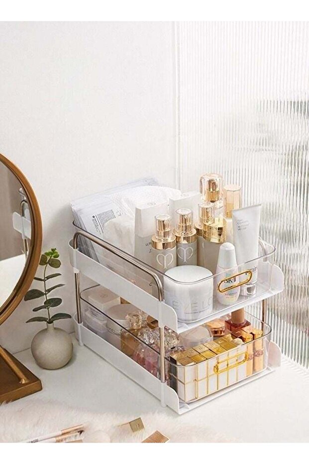 2-Tier Makeup Organizer Under Sink Organizer Storage Shelf With Clear Sliding Baskets and Pull Out