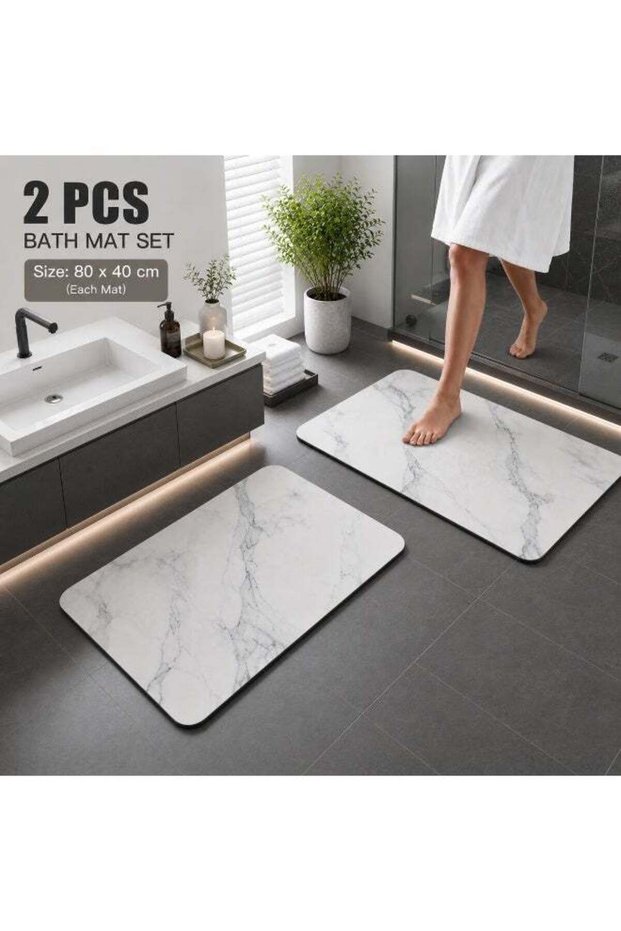 Diatomite Bath Mat 2 Piece Set, Marble Print Stone Bath Mats for Bathroom, Quick Dry Super Absorben