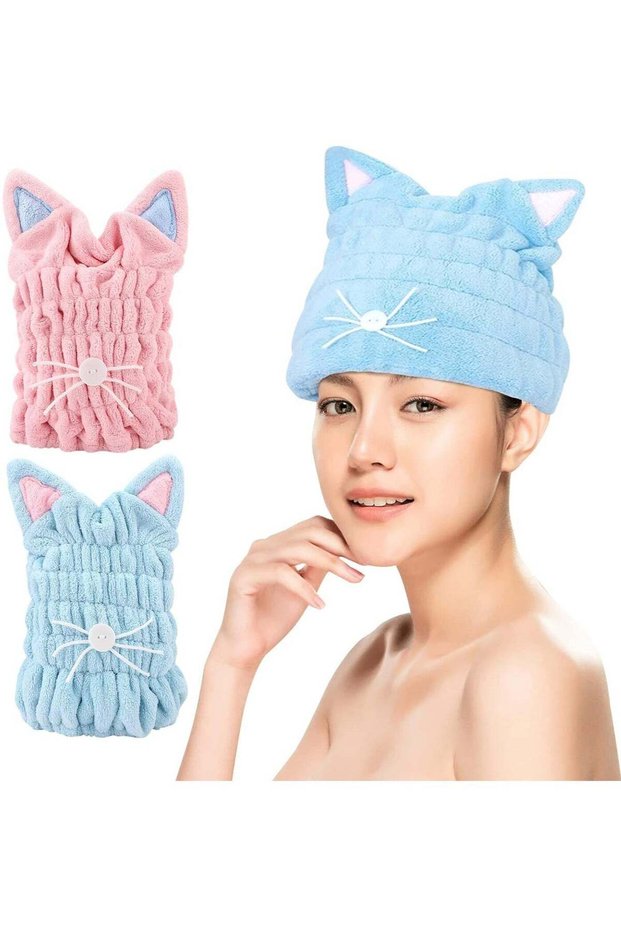 2-Pack Quick Dry Microfiber Hair Towels with Cat Ears for Women & Kids, Super Absorbent Coral Fleec