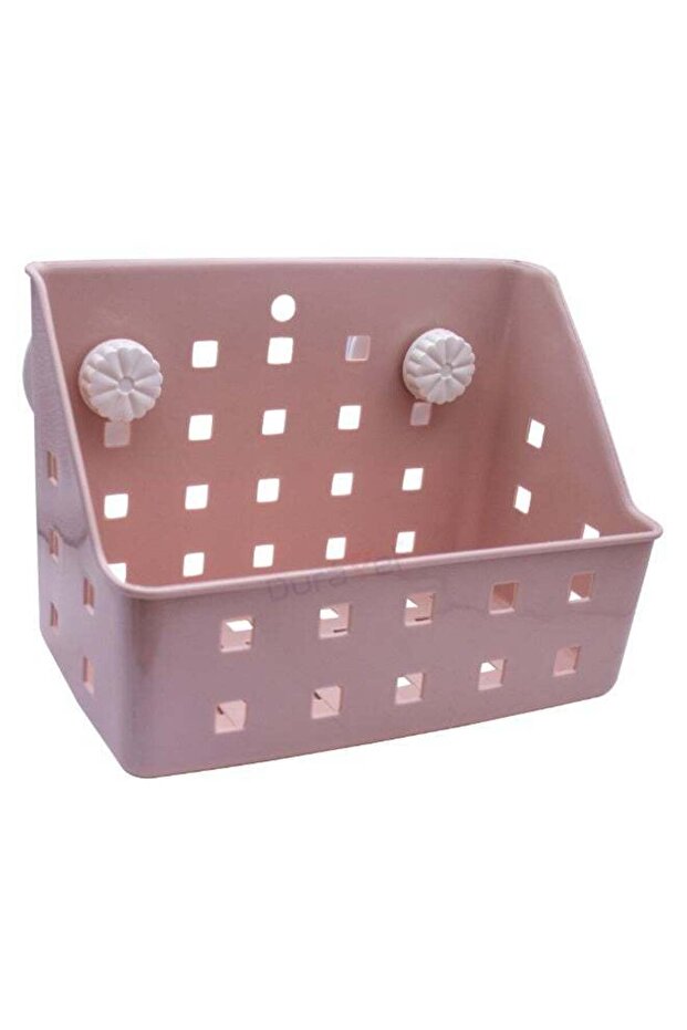 Duravel Wall Mounted Storage Basket, Pink, Perforated Design with Suction Cups, Bathroom Organizer
