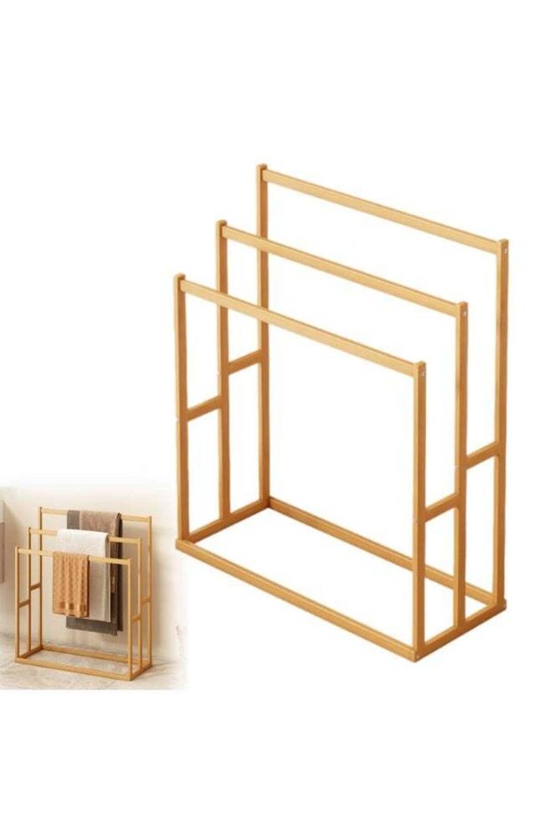 Wood Vertical Towel Rack with 3 Hanging Crossbars, 3-Tier Freestanding Towel Rack for Living Room a