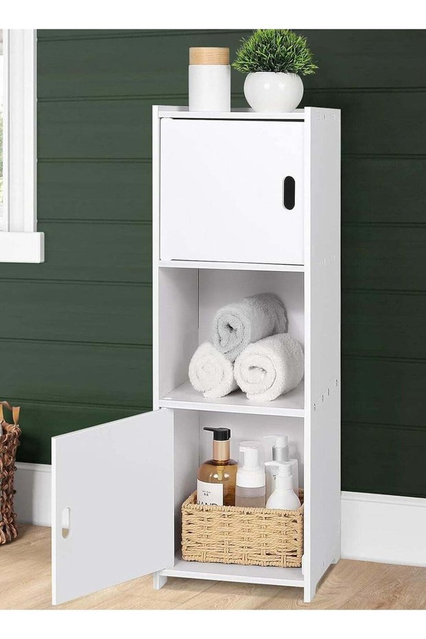 Bathroom Floor Cabinet Freestanding Double Door 3-Tier Side Storage Organizer Cabinet Cupboard Mult