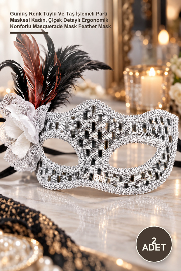 2 Pieces Prom Mask – Silver Color Feathered and Stone Embellished Party Mask for Women, Ergonomic Comfortable Masquerade Mask with Floral Detail Feather Mask