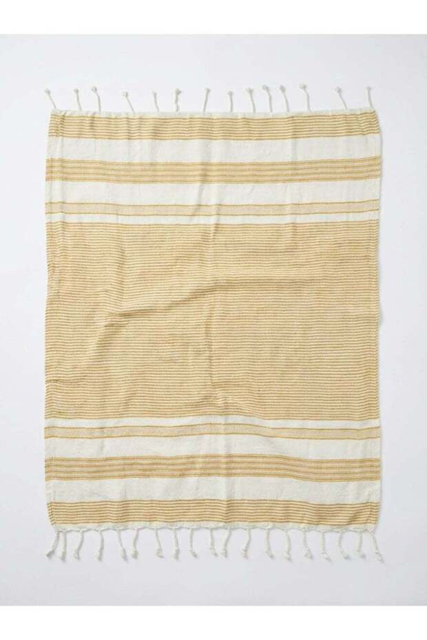 90x180 cm Polycotton Yellow Striped Turkish Fouta Towels Roma and Picnic Blanket, Lightweight Quick