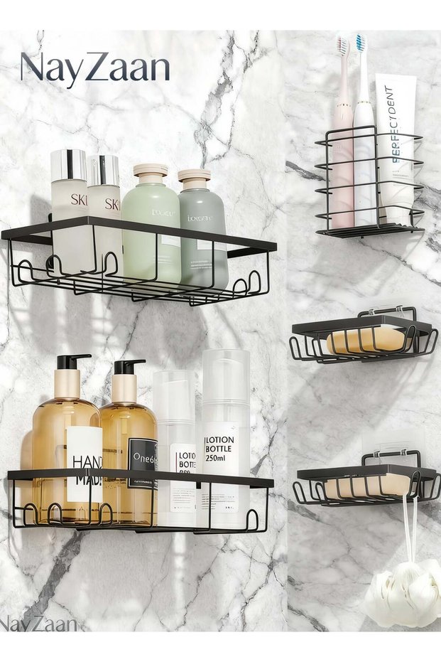 5-Pack Rustproof Shower Caddy Set–No Drill Adhesive Bathroom Organizer Shower Shelf for Inside Show