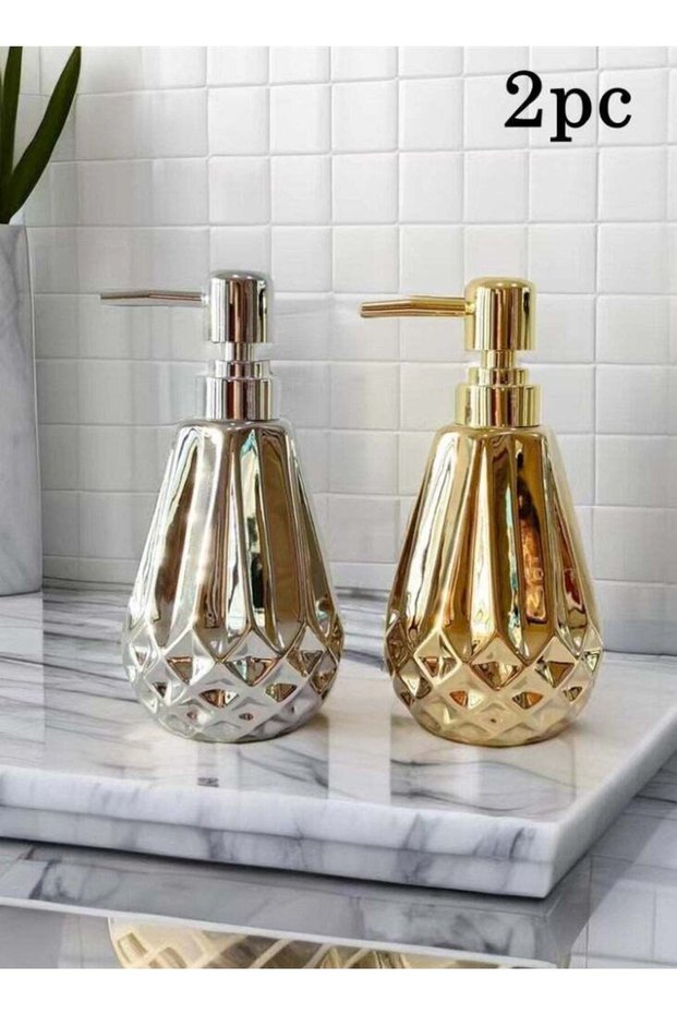 2-Piece Ceramic Liquid Soap Dispenser Shampoo And Body Wash Dispenser Gold/Silver 18x9 Centimeter
