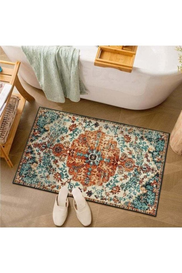 Vintage Distressed Bathroom Rug, 2' x 3', Washable Non-Slip Mat, Boho Design in Turquoise and Orang