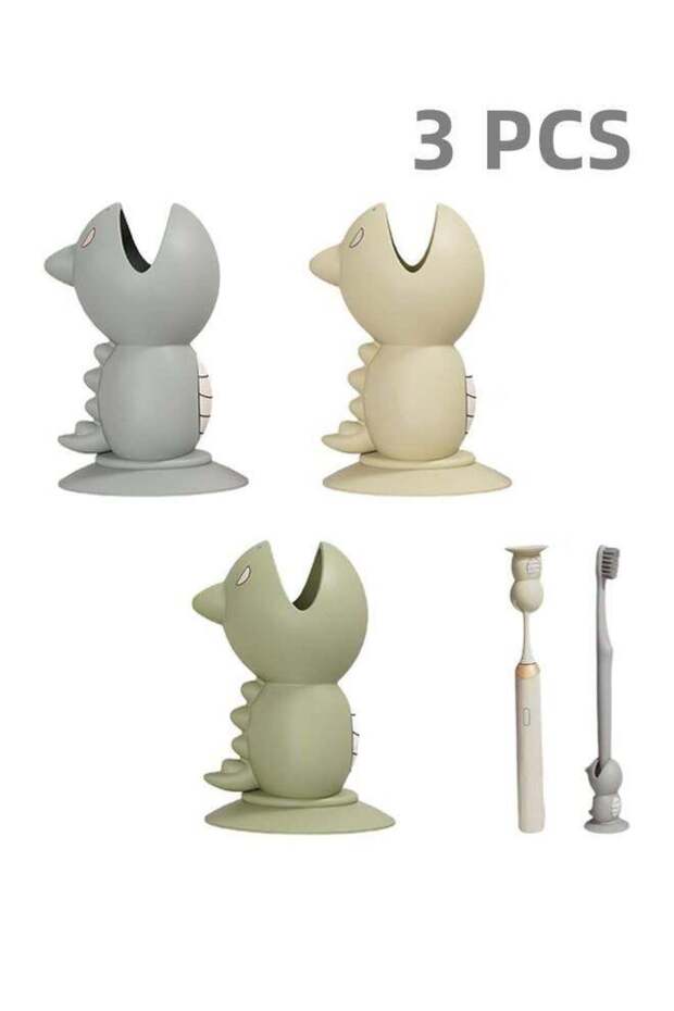 3 pcs Mini Dinosaur Toothbrush Holder Stand with Suction Cup, Silicone Toothbrush Head Cover, Trave