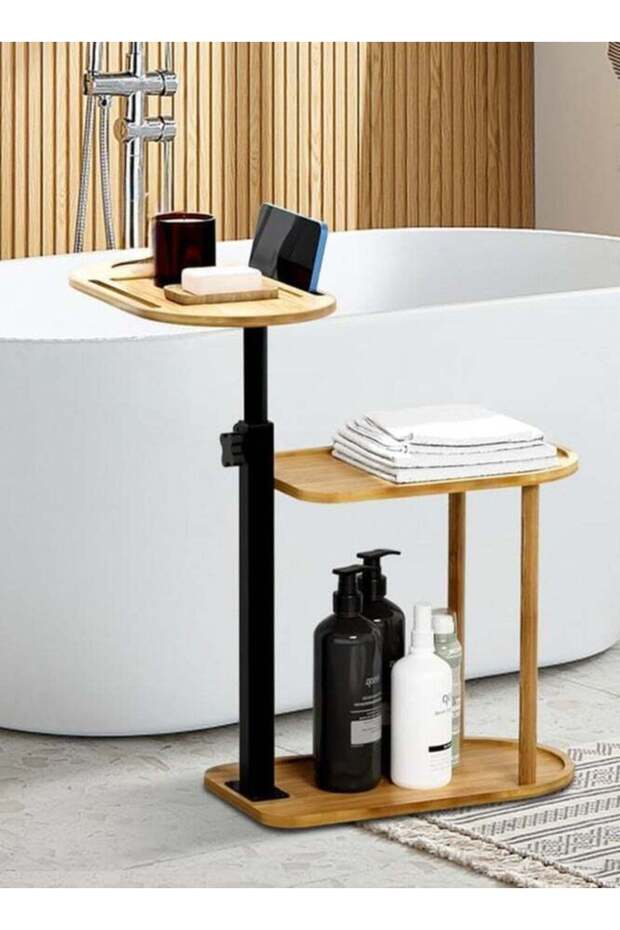3 Layer Wood Bathtub Tray Table, Freestanding Bamboo Bath Tray Caddy, Metal Bath Table Tray Tub She