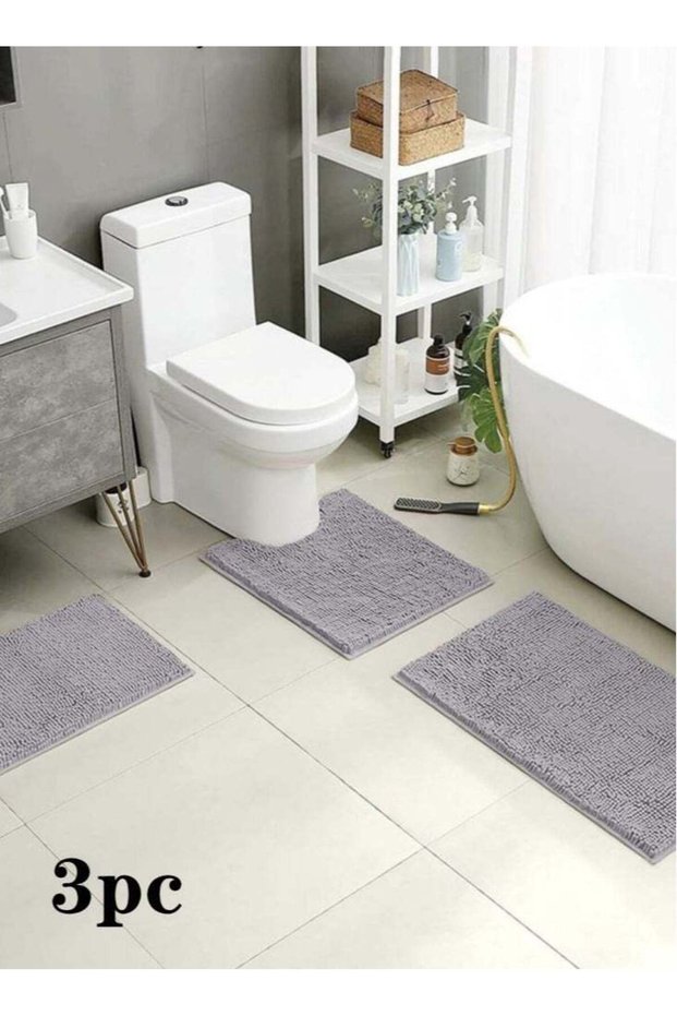 3-Pieces Simple Soft Chenille Bathroom Mat Set Water Absorbent Non-Slip Bathroom Floor Mat Bathroom