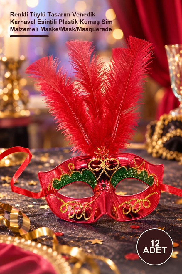 12 Pcs Venetian Party Mask – Colorful Feathered Design Inspired by Venetian Carnival Plastic Fabric Mask with Glitter Material/Mask/Masquerade