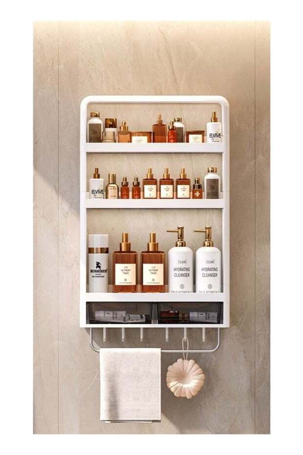 3-Tier Wall Mounted Bathroom Rack Organizer with Hooks & Drawer – Space-Saving Makeup, Toiletries &