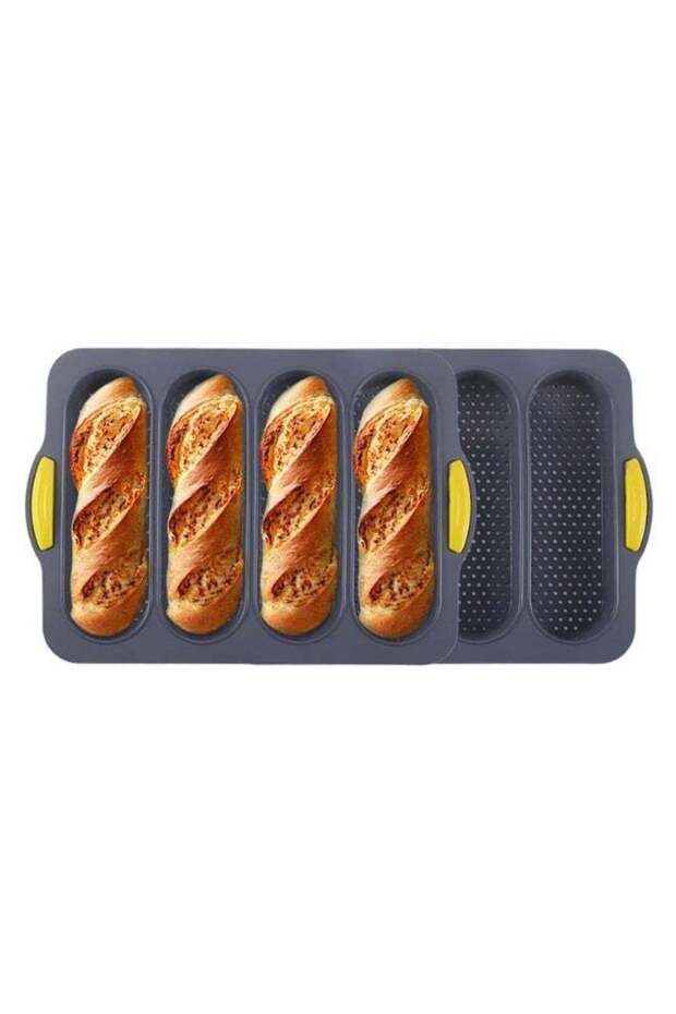 French Bread Loaf Pan Set, 1 Loaf with 4 Buns Silicone Baking Mold, Non-Stick Bread Pan for Home Ba