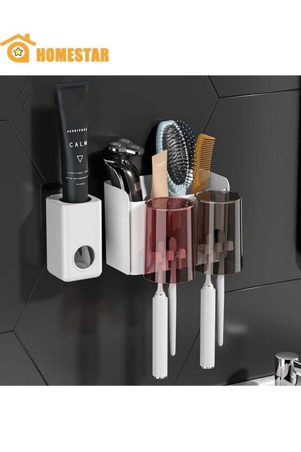 2 Cups Wall Mounted Toothbrush Holder Set, Bathroom Holder with 2 Classification Storage Compartmen