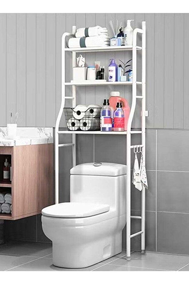 Bathroom Tissue/Clutter Storage Rack, 3-Tier Over-The-Toilet Shelf With Hooks, Space-Saving, Bathro