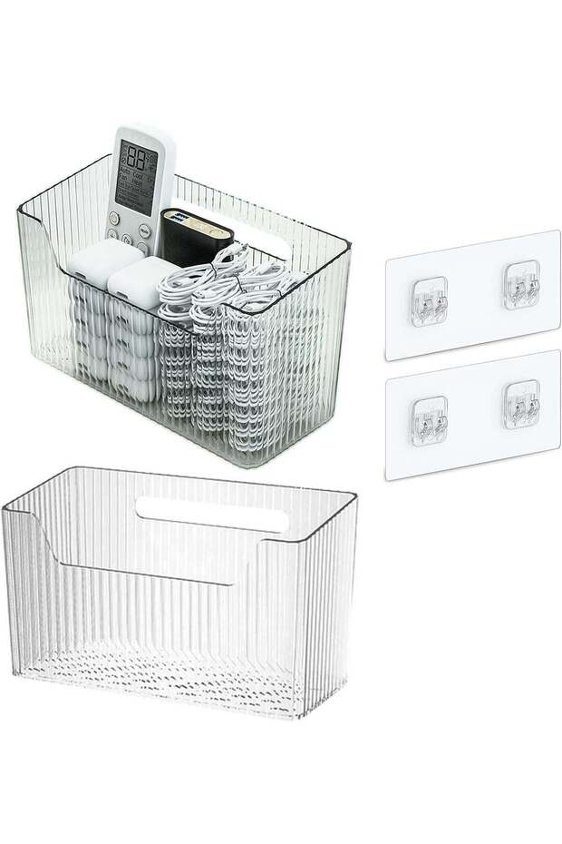 2 Pack Clear Wall Mounted Storage Organizer Bins, Stackable Adhesive Hanging Baskets, Shower Caddy