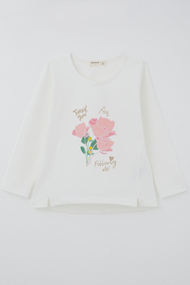 Girl's Long Sleeve T-Shirt with Floral Print and Slits on the Sides, Ages 3-8, Ecru