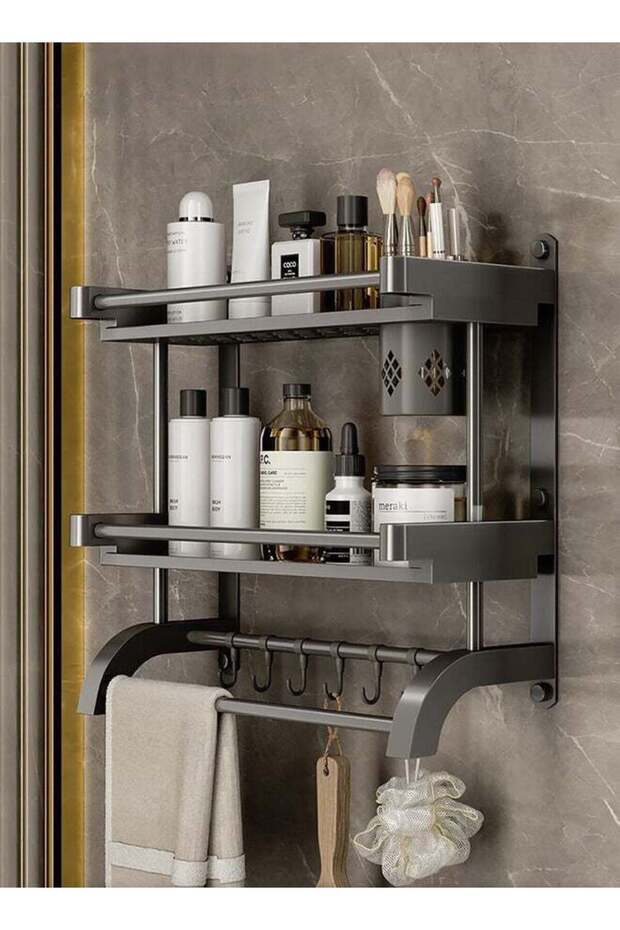 2-Tier Wall Mounted Bathroom Rack with Towel Bar Hooks Shower Storage Organizer Shelf for Bathroom