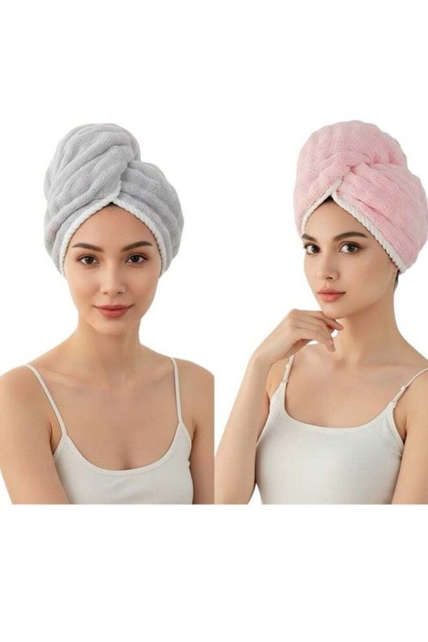 SYNSYB A SET OF 2 Hair Drying Turban Wraps, Quick Dry Bath Towel Cap in Pink and Gray, Super Absorb