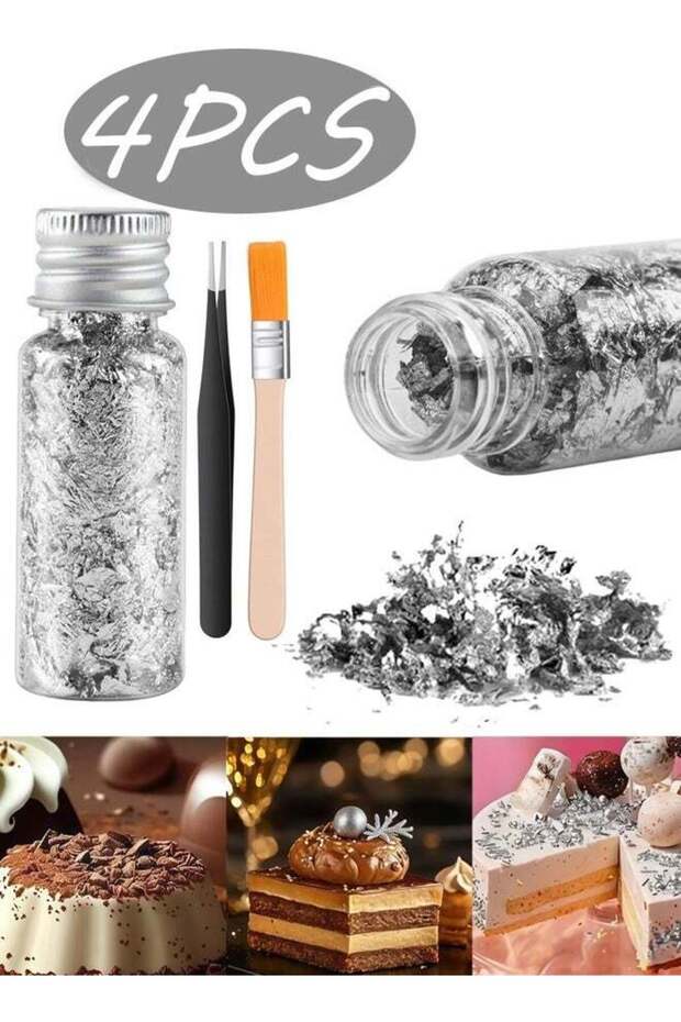 4 Pcs Edible Silver Leaf Sheets with Brush and Tweezers Food Grade Silver Foil Flakes DIY Decor for