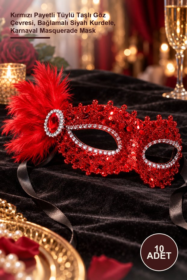 10 Pieces Venetian Party Mask – Red Sequined, Feathered, and Stoned Eye Circle, Black Ribbon with Tie, Carnival Masquerade Mask