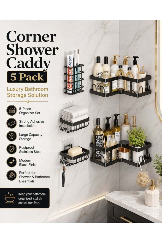 5 Pack Black Corner Shower Caddy Set, Adhesive Rustproof Stainless Steel Bathroom Organizer with 2
