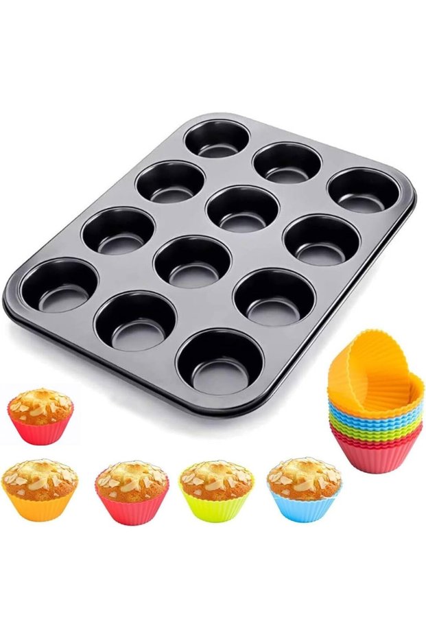LAVISH Non-Stick Carbon Steel Muffin Pan | 12-Cup Cupcake Baking Tray | Includes Free Cupcake Liner