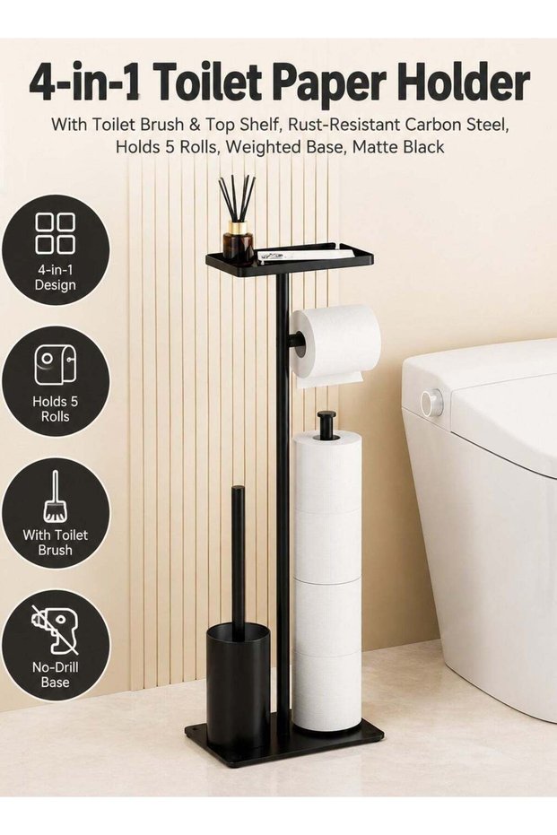 4-in-1 Freestanding Toilet Paper Holder with Toilet Brush and Top Shelf, Rust-Resistant Carbon Stee