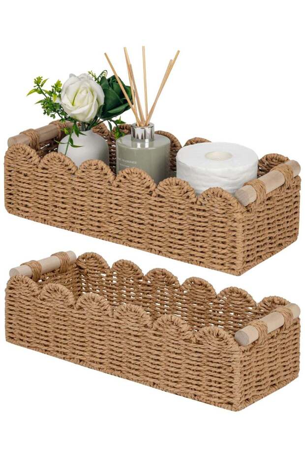 Bathroom Basket Organizer, Toilet Tank Paper Storage Baskets 2-Pack, Scalloped Decorative Basket fo