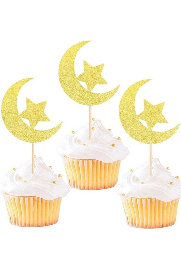20 PCS Golden Glitter Star Moon Cupcake Decorations Suitable for All Kinds Of Birthday Party Cake D