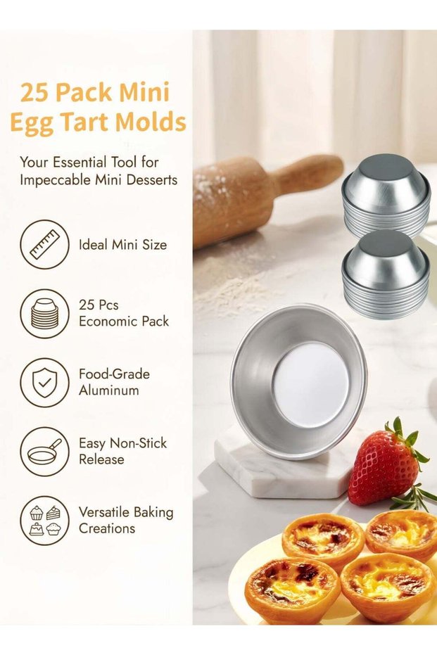 25 Pack Mini Egg Tart Molds, Non-Stick Tin Pie & Cupcake Pans, Small Muffin Bakeware – Puto Cup for