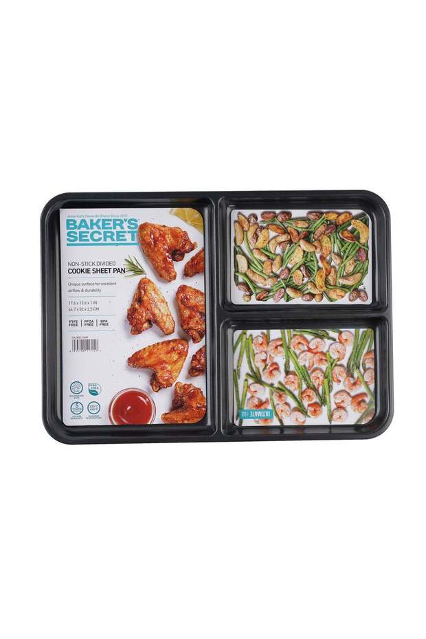 Baker's Secret 3 Divided Cookie Sheet, Non-Stick Multi-Section Build for Baking Several Foods, For