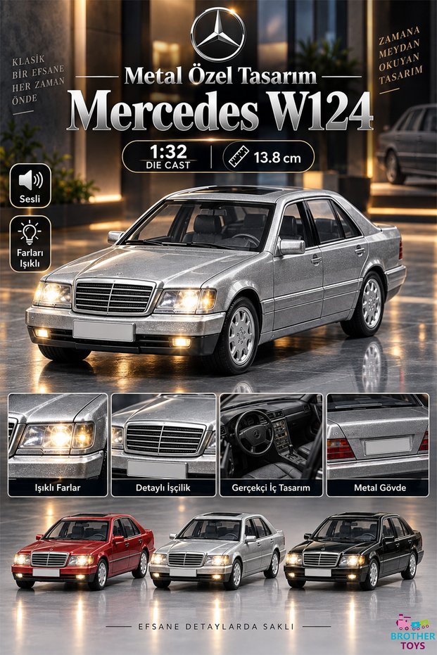 Mercedes W124 Metal Car with Lights and Sound Special Design 13.8 Cm.