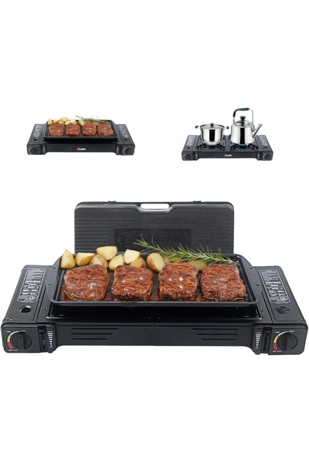 Portable Multi Use Gas Stove 2 In 1 Cook And Grill Double Burner System With Adjustable Flame Control Piezo Ignition And Carrying Case Black KW-28201