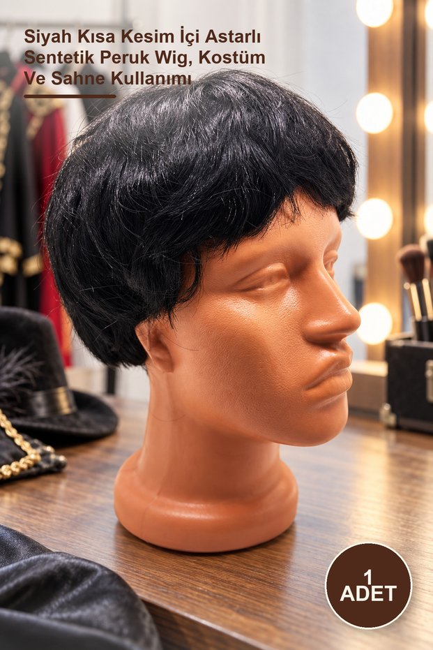1 Piece Men's Wig – Black Short Cut Lined Synthetic Wig, Costume and Stage Use