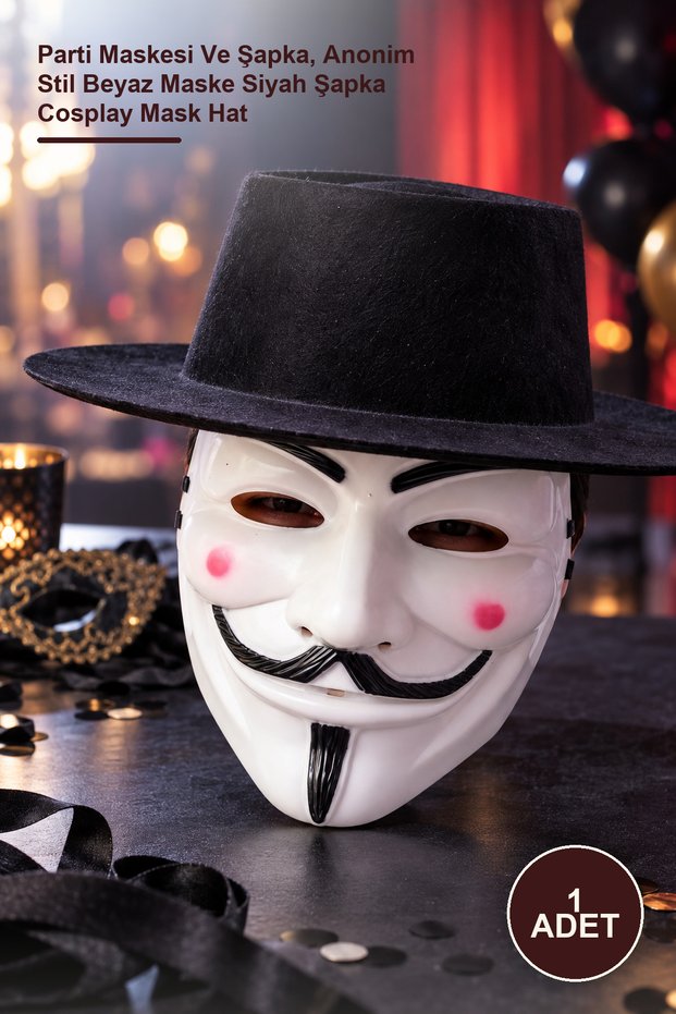 1 piece vendetta mask and hat set – party mask and hat, anonymous style white mask black hat cosplay mask hat