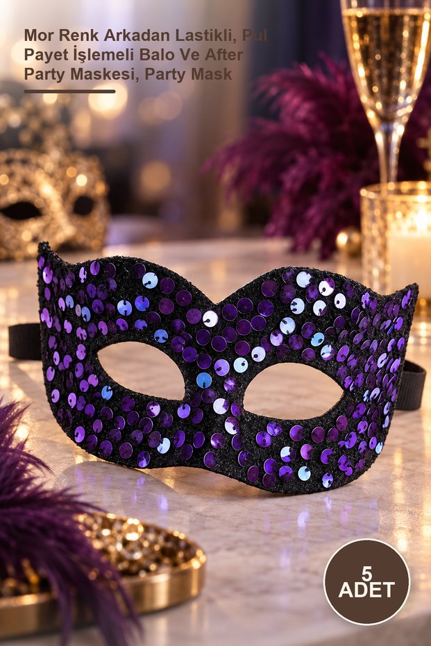 5 Pieces of Sequined Masks – Purple Color with Elastic Backing, Sequin Embroidered Prom and after Party Mask, Party Mask