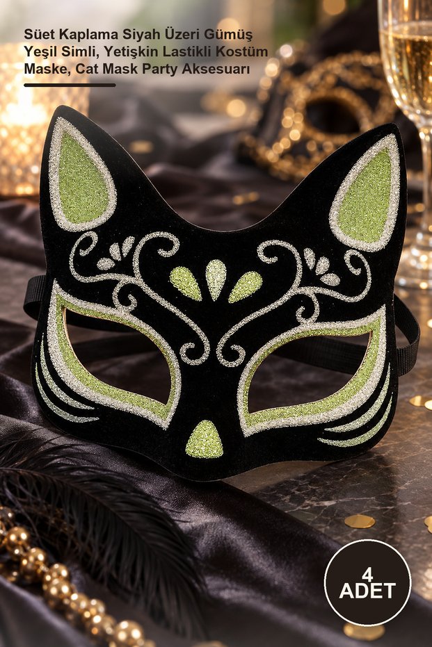 4 Pieces Cat Mask – Suede Covered Black with Silver Green Glitter, Adult Elastic Costume Mask, Cat Mask Party Accessory