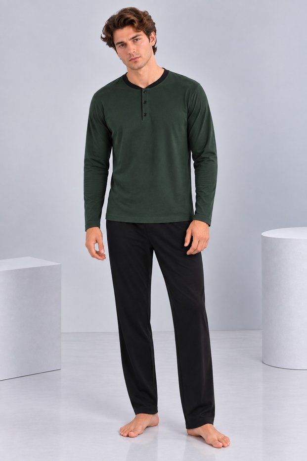 Men's Khaki Green Placketed Collar Long Sleeve Black Pants Pajama Set