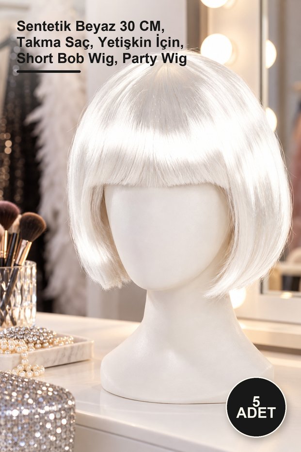 5Pcs Short Blunt Party Wigs – Synthetic White 30 Cm, Fake Hair, for Adult, Short Bob Wig, Party Wig