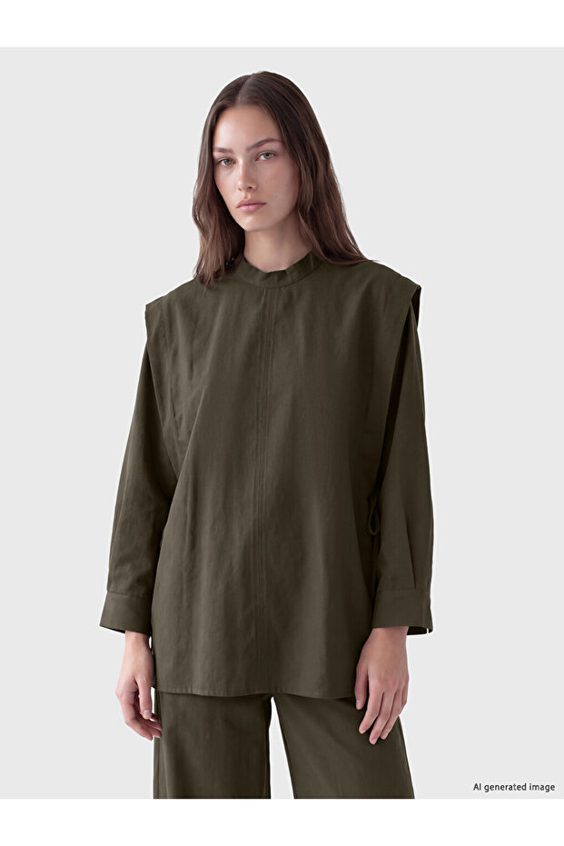 Özmarka New Season Khaki Stand Collar Women's Tunic